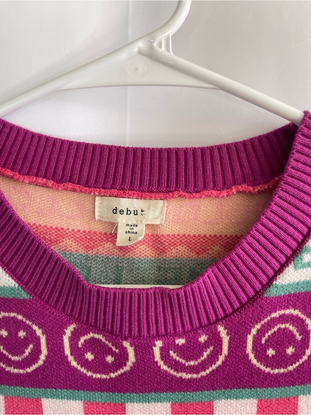 debut Pink Magenta Teal LOVE Pattern Short Sleeve Knit Top - Picture 4 of 6